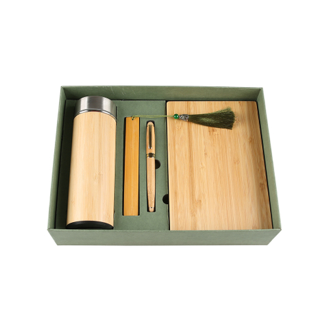 Bambus-Geschenkset mit Vakuumbecher, Kugelschreiber, Lineal, Lesezeichen, Notizbuch